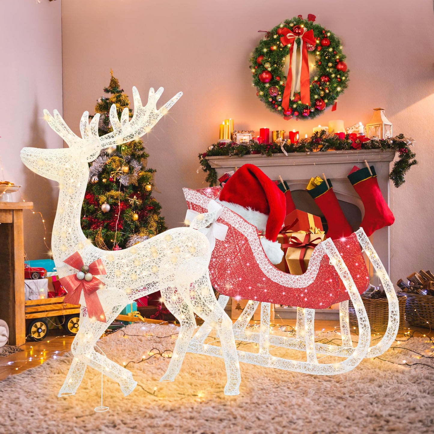 DKLGG 4FT LED Reindeer Sleigh - Lighted Outdoor Christmas Decoration, 215 Lights