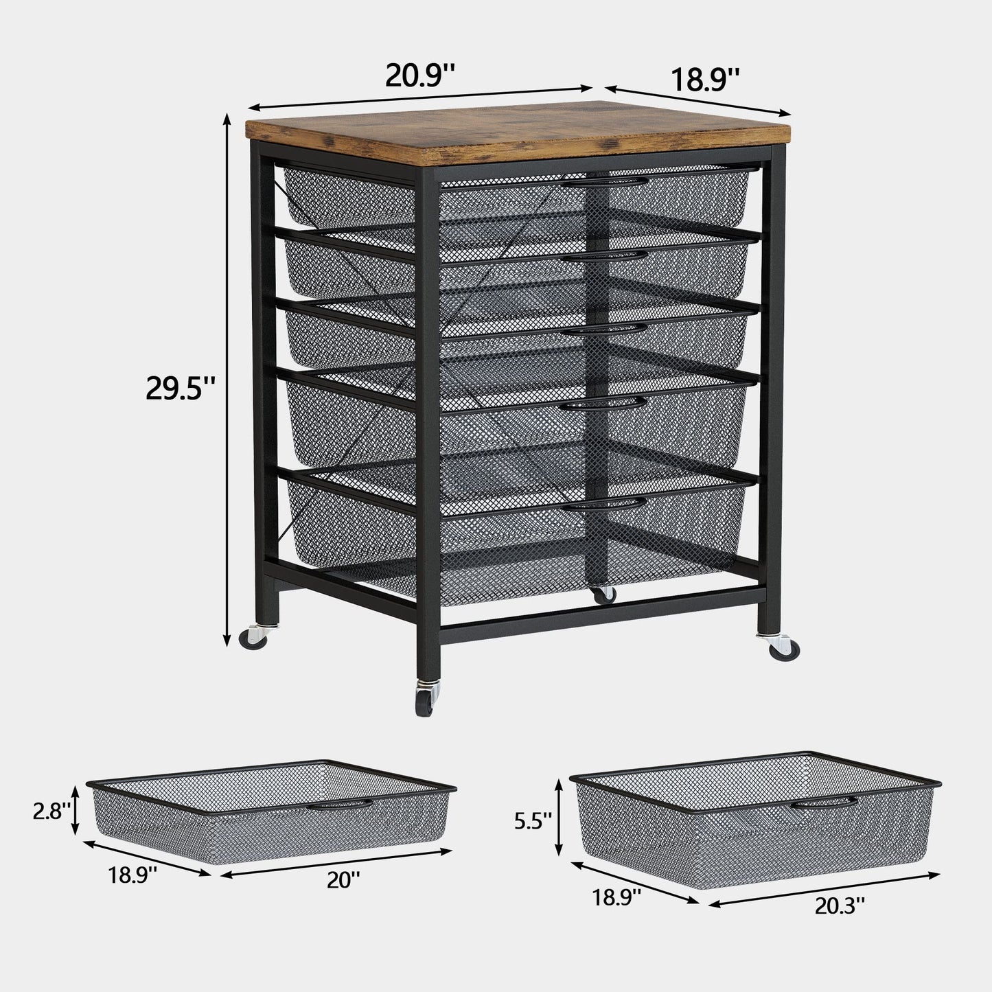 DKLGG Rolling Cart Filing Cabinet Set of 2 - 5-Drawer Rustic Brown Storage Solution