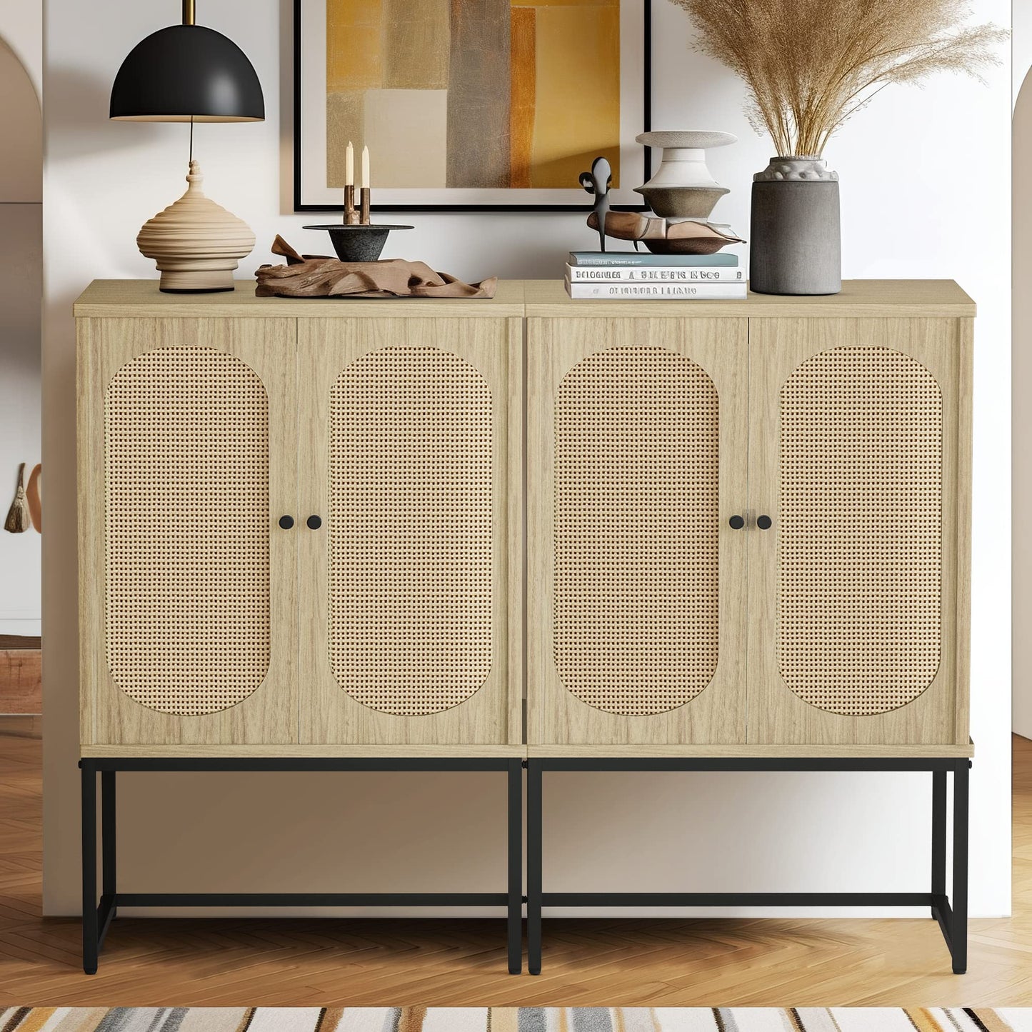 DKLGG Elegant Natural Rattan Cabinet Set - 2 White Cabinets for Versatile Home Storage