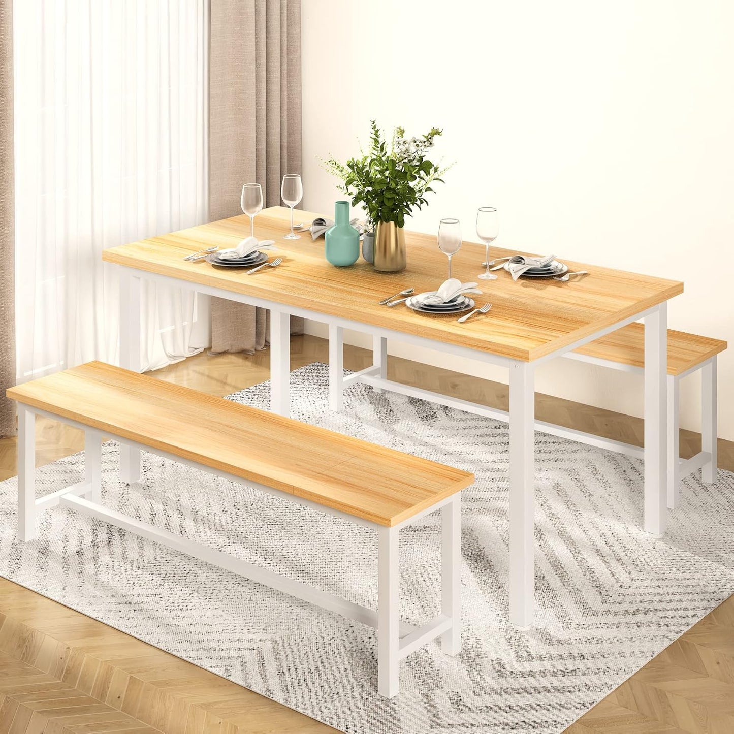 DKLGG 4-Person Kitchen Table Set with 2 Benches, Beige - Practical and Stylish