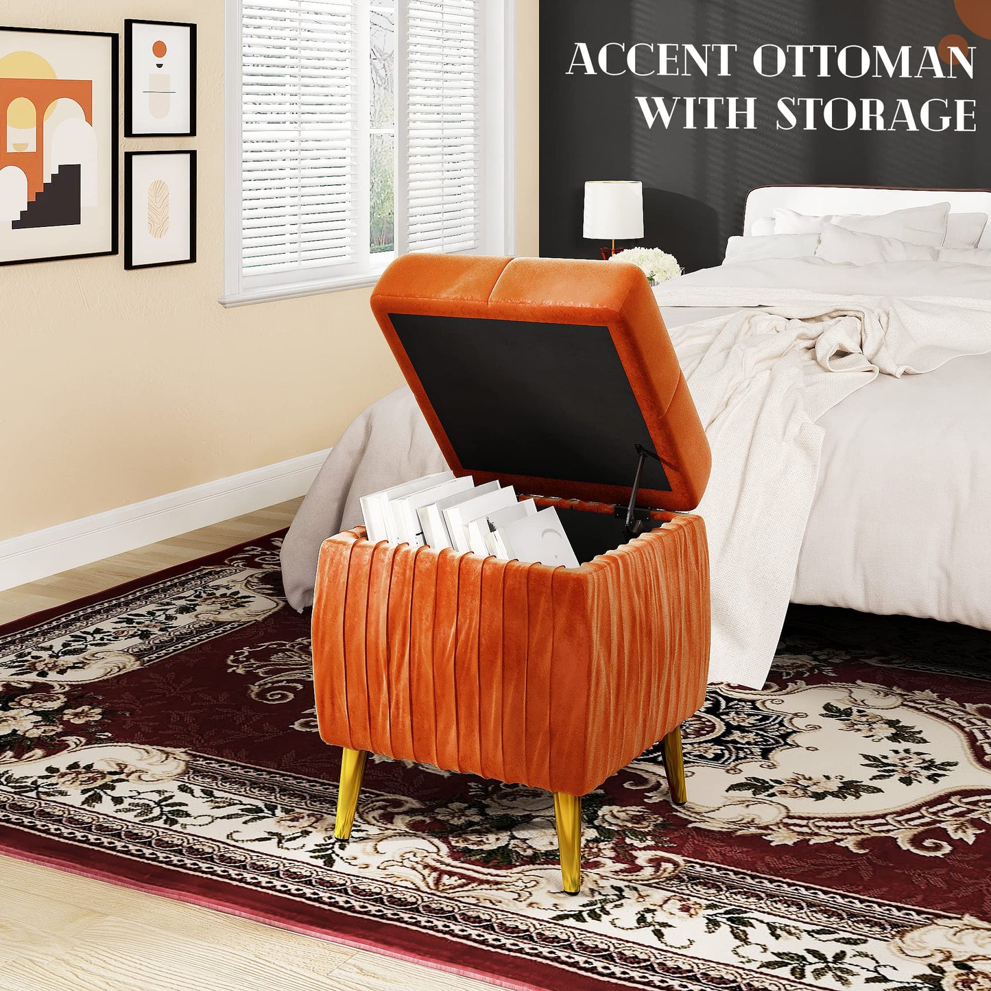 DKLGG Stylish Large Storage Ottoman - 47.24” Velvet Design in Gold and Pink for Your Home