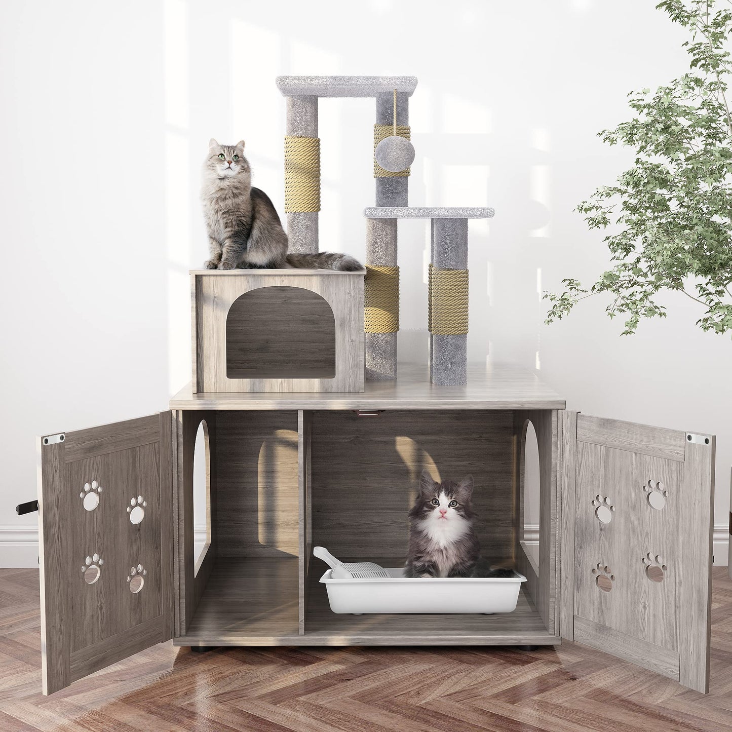 DKLGG Soft Perch Large Wooden Cat House with Litter Pan - Cozy Retreat for Your Feline Friend