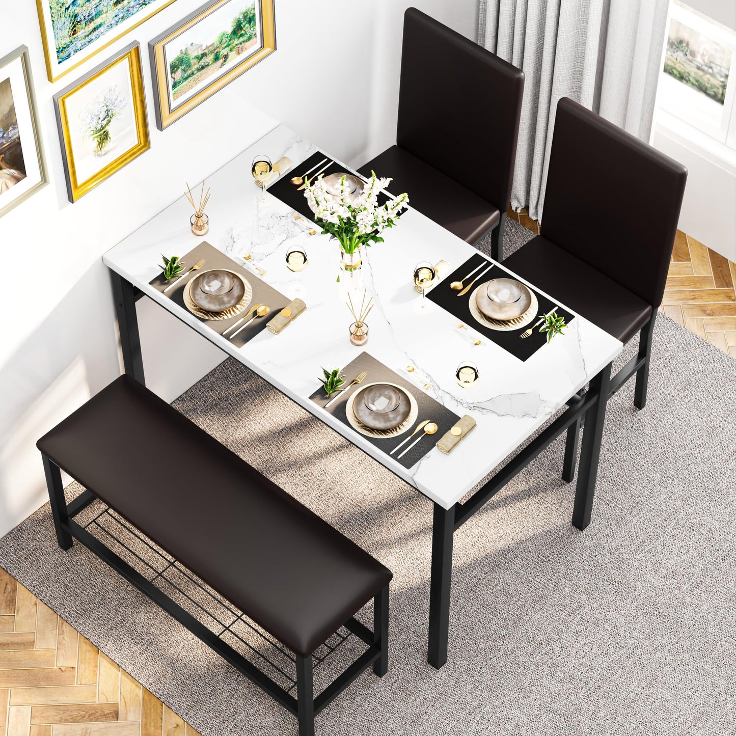 DKLGG Dining Table Set for 4 - Elegant Marble Table with Comfortable PU Leather Seating