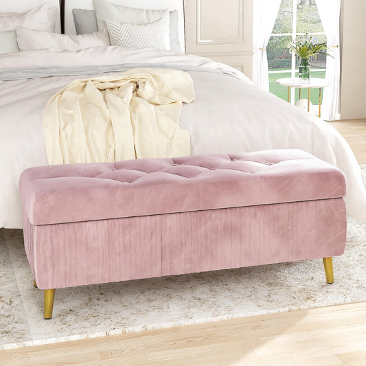 DKLGG Stylish Large Storage Ottoman - 47.24” Velvet Design in Gold and Pink for Your Home