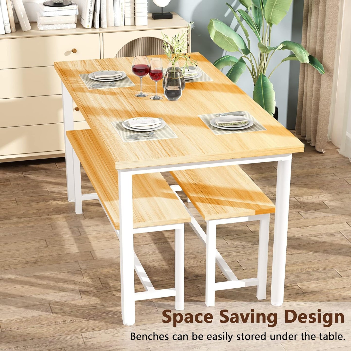 DKLGG 4-Person Kitchen Table Set with 2 Benches, Beige - Practical and Stylish