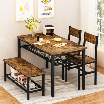 DKLGG 4-Piece Dining Table Set for 4 - Rustic Brown Table with Built-In Storage Shelves