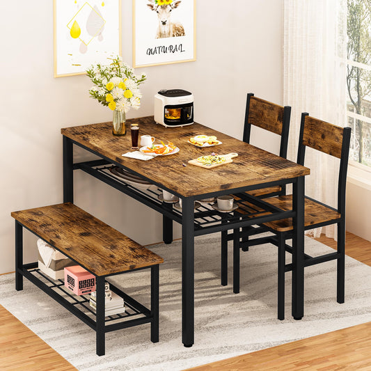 DKLGG 4-Piece Dining Table Set for 4 - Rustic Brown Table with Built-In Storage Shelves