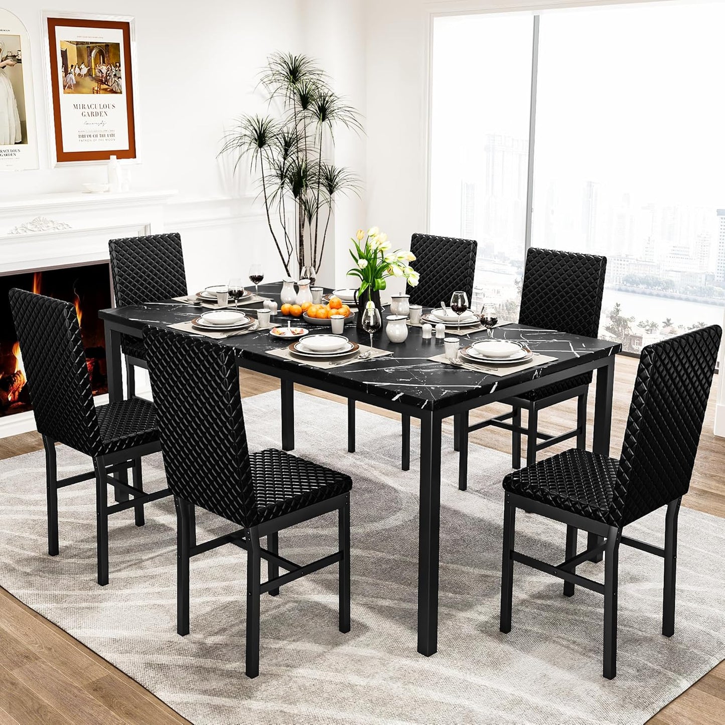 DKLGG 7-Piece Large Modern Faux Marble Kitchen Dining Table and Chairs - Stylish and Practical