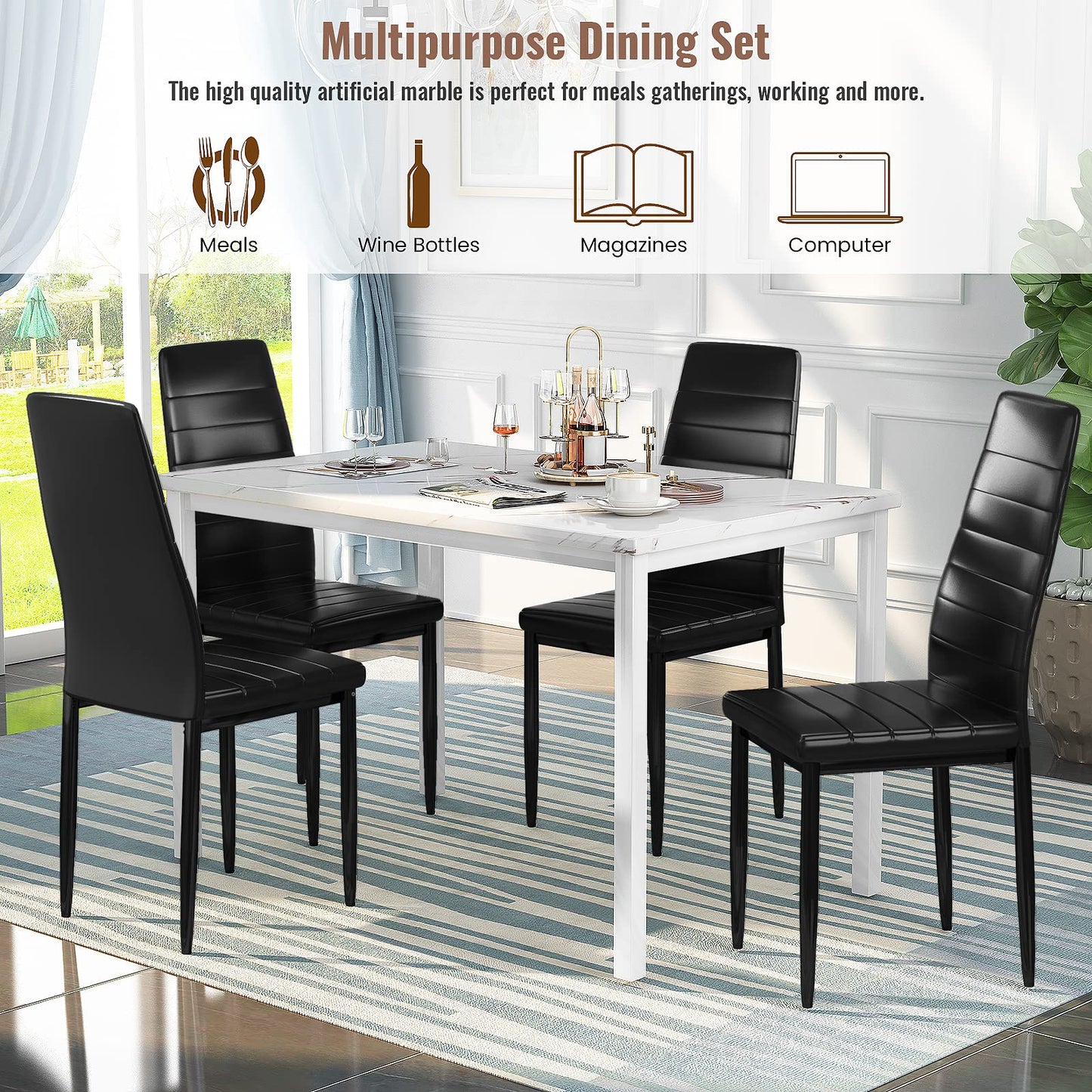 DKLGG Dining Table Set for 4 - Elegant Marble Table with Comfortable PU Leather Seating