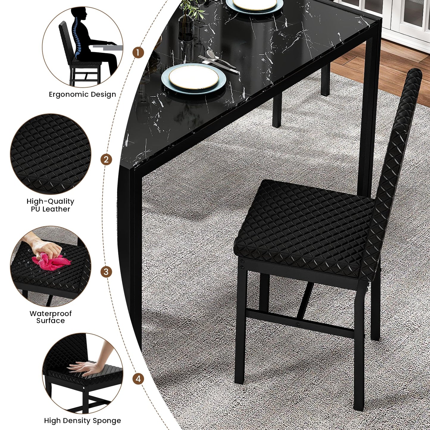 DKLGG 5-Piece Glass Kitchen Table Set, 4 PU Leather Chairs, Black - Modern and Stylish