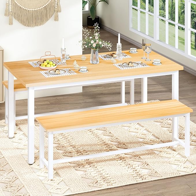 DKLGG 4-Person Kitchen Table Set with 2 Benches, Beige - Practical and Stylish