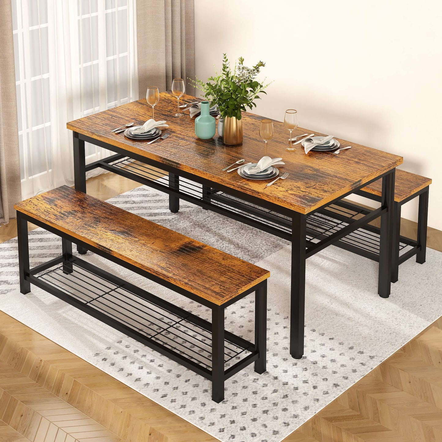 DKLGG Rustic 3-Piece Dining Table Set for 4 - Stylish Storage Solution for Family Meals