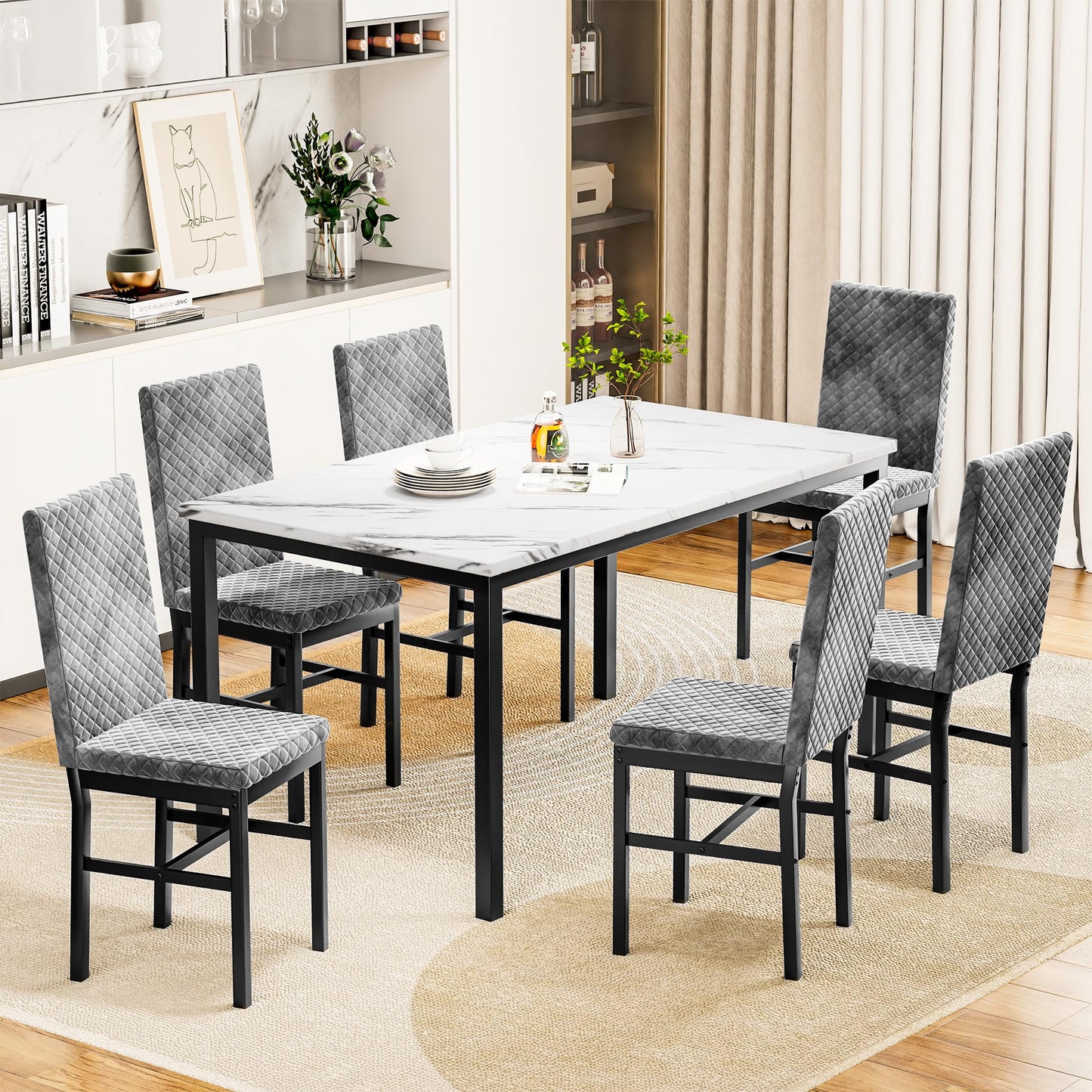 DKLGG 7-Piece Faux Marble Dining Table Set with Velvet Chairs - Perfect for Family Gatherings