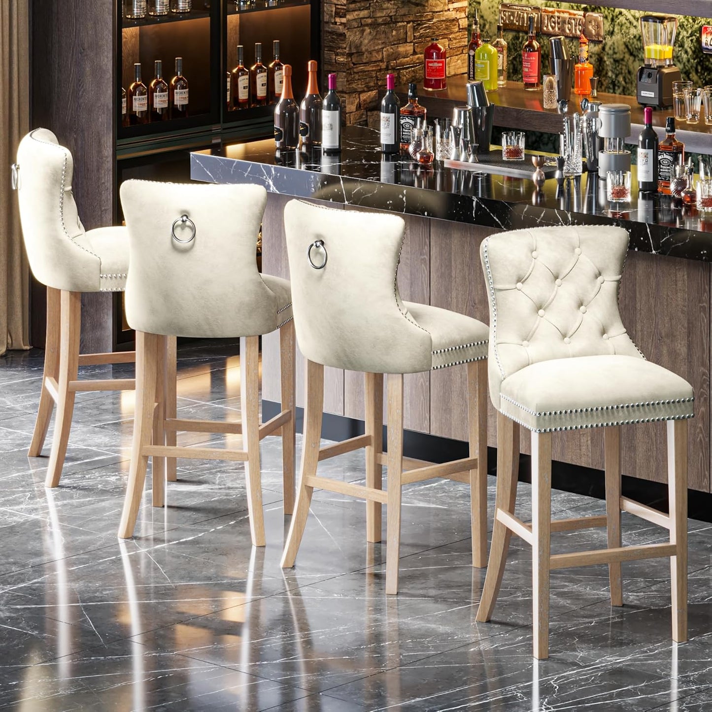 DKLGG 27” High Velvet Tufted Bar Stools - Luxurious Beige Set of 4 for Modern Spaces