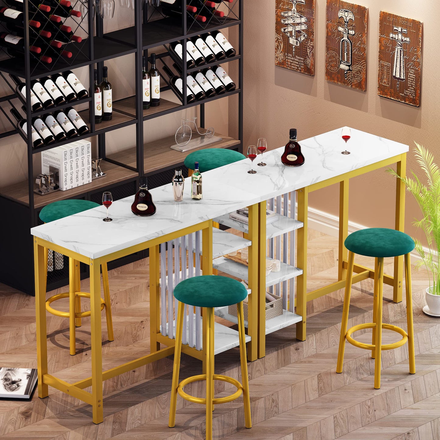 DKLGG High Top Dining Set - Bar Table with Upholstered Stools and Practical Storage Shelves for Easy Living