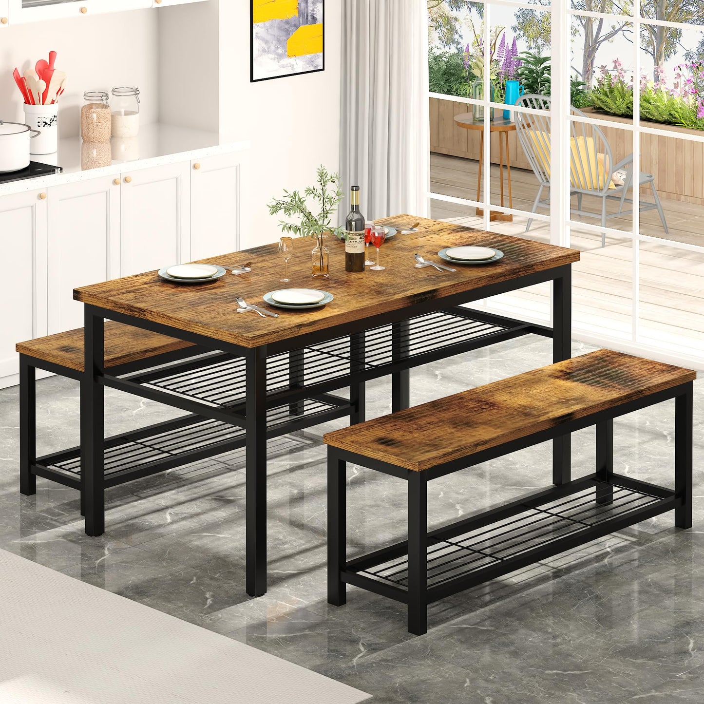 DKLGG Rustic 3-Piece Dining Table Set for 4 - Stylish Storage Solution for Family Meals