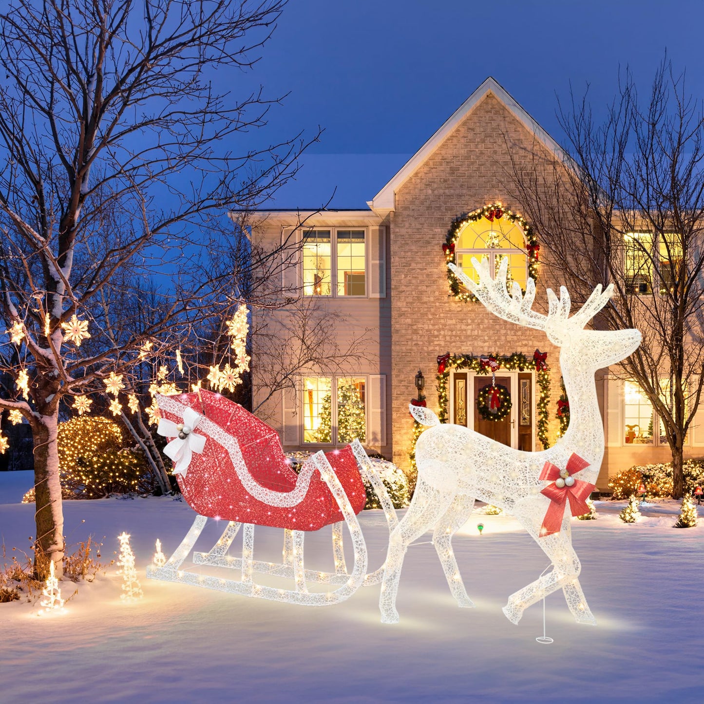 DKLGG 4FT LED Reindeer Sleigh - Lighted Outdoor Christmas Decoration, 215 Lights