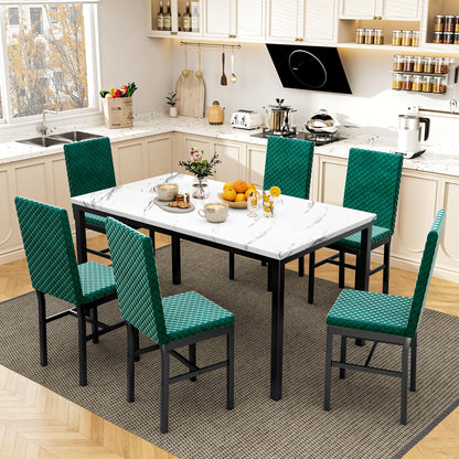 DKLGG 7-Piece Faux Marble Dining Table Set with Velvet Chairs - Perfect for Family Gatherings