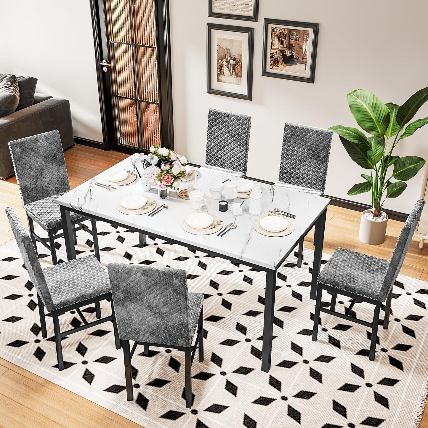 DKLGG 7-Piece Faux Marble Dining Table Set with Velvet Chairs - Perfect for Family Gatherings