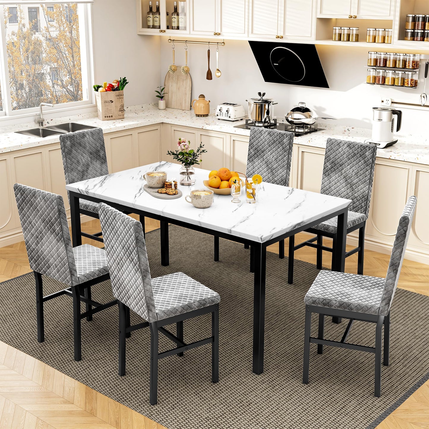 DKLGG 7-Piece Faux Marble Dining Table Set with Velvet Chairs - Perfect for Family Gatherings