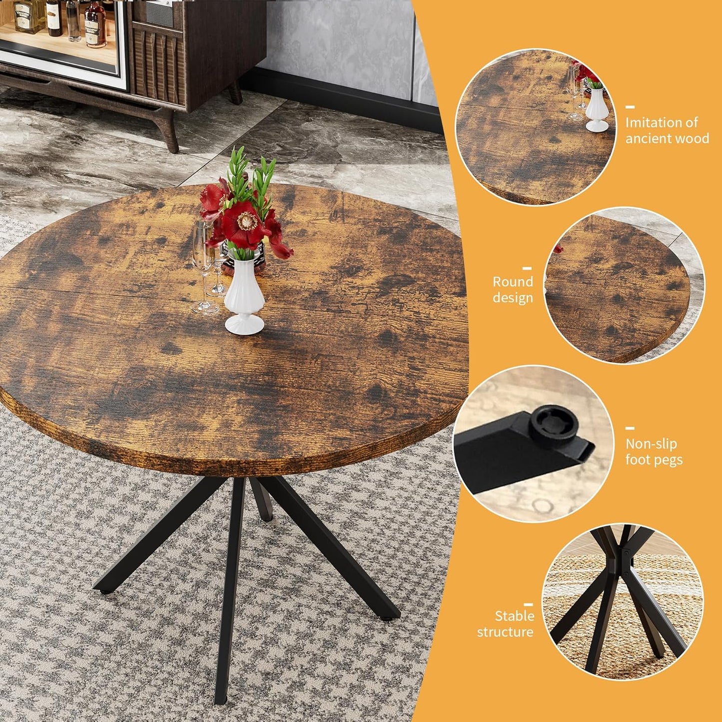 DKLGG 39-Inch Round Walnut Dining Table, Mid-Century Modern Style, Seats 4-6