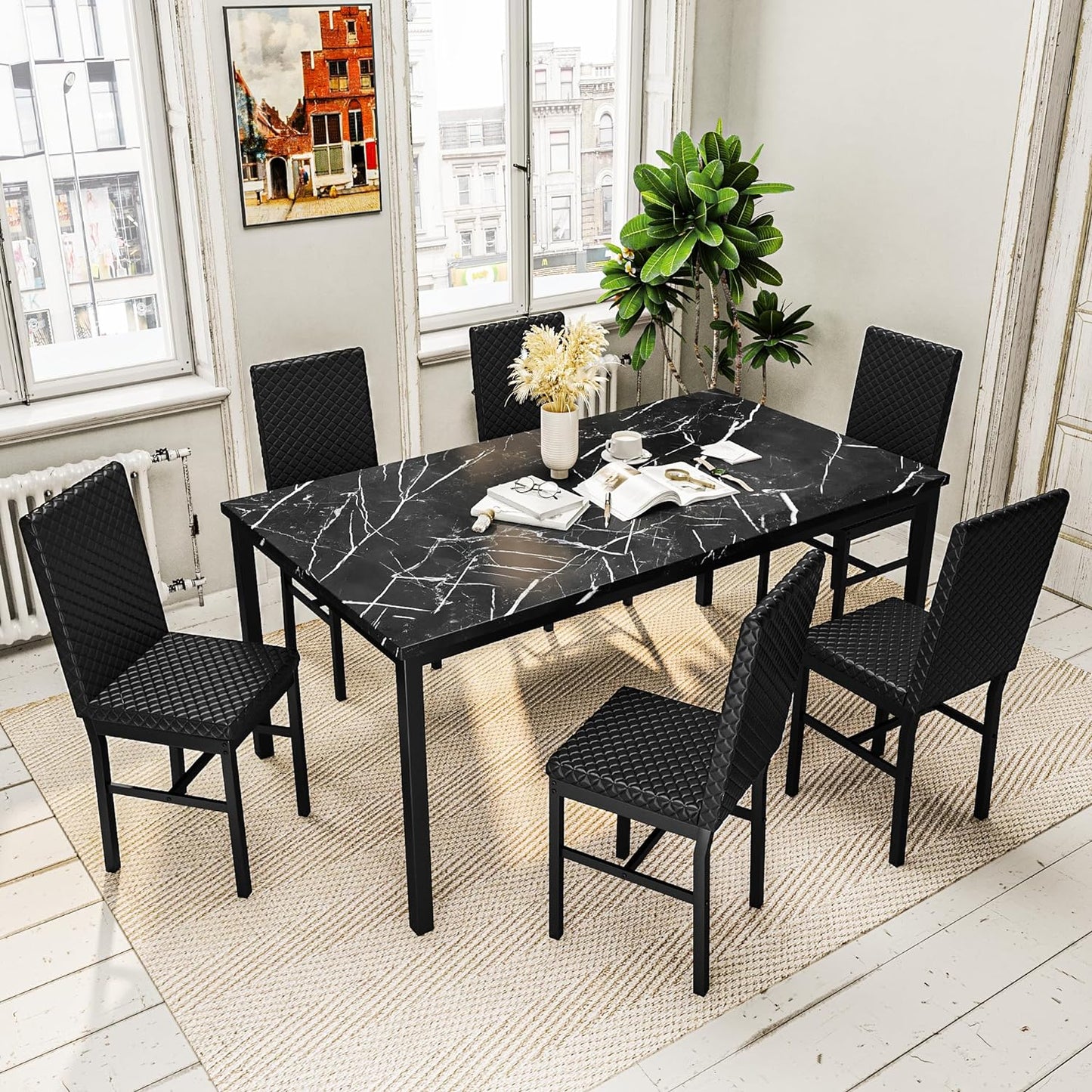 DKLGG 7-Piece Large Modern Faux Marble Kitchen Dining Table and Chairs - Stylish and Practical