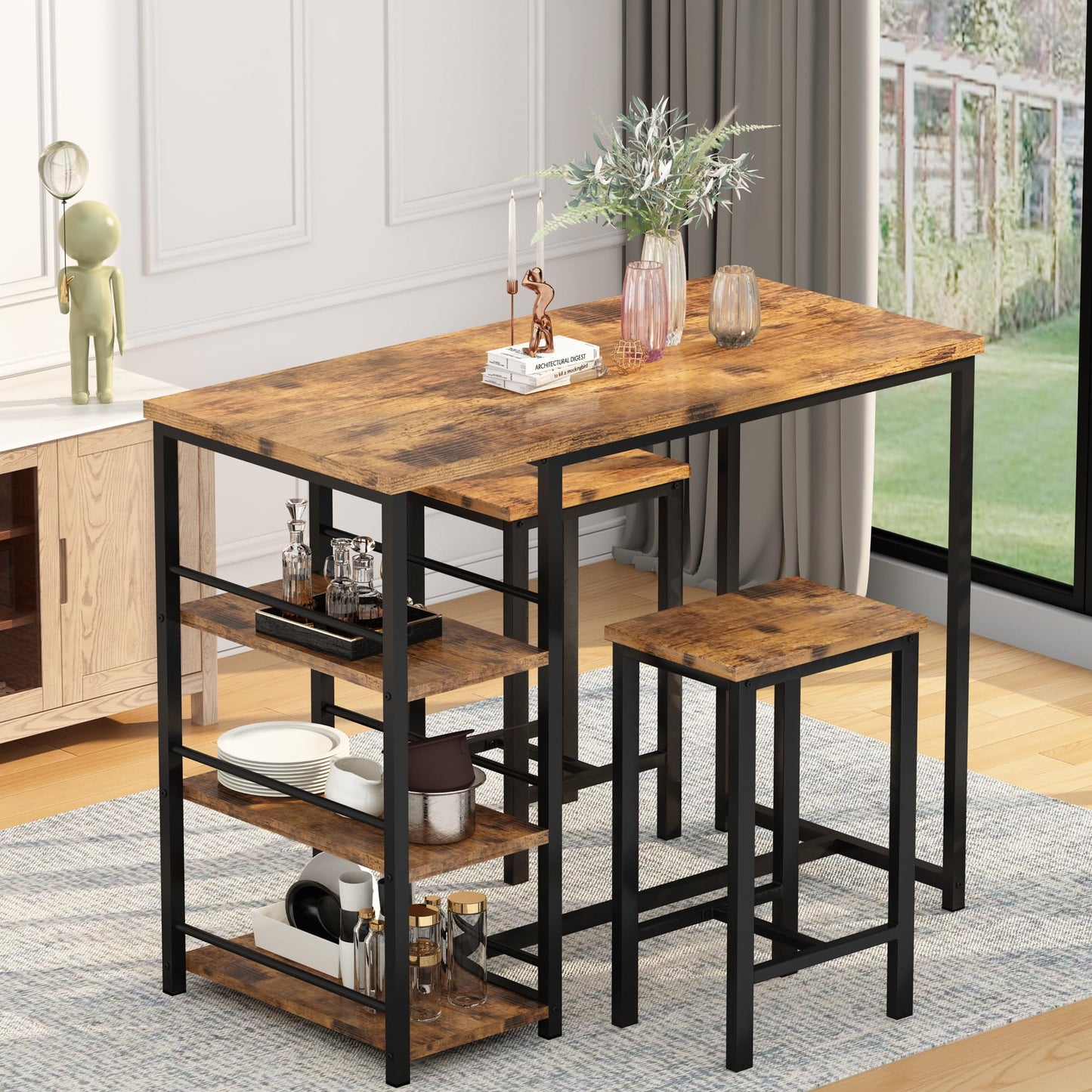 DKLGG Modern 3-Piece Industrial Bar Set for 2 - Stylish Table with Integrated Storage Solutions