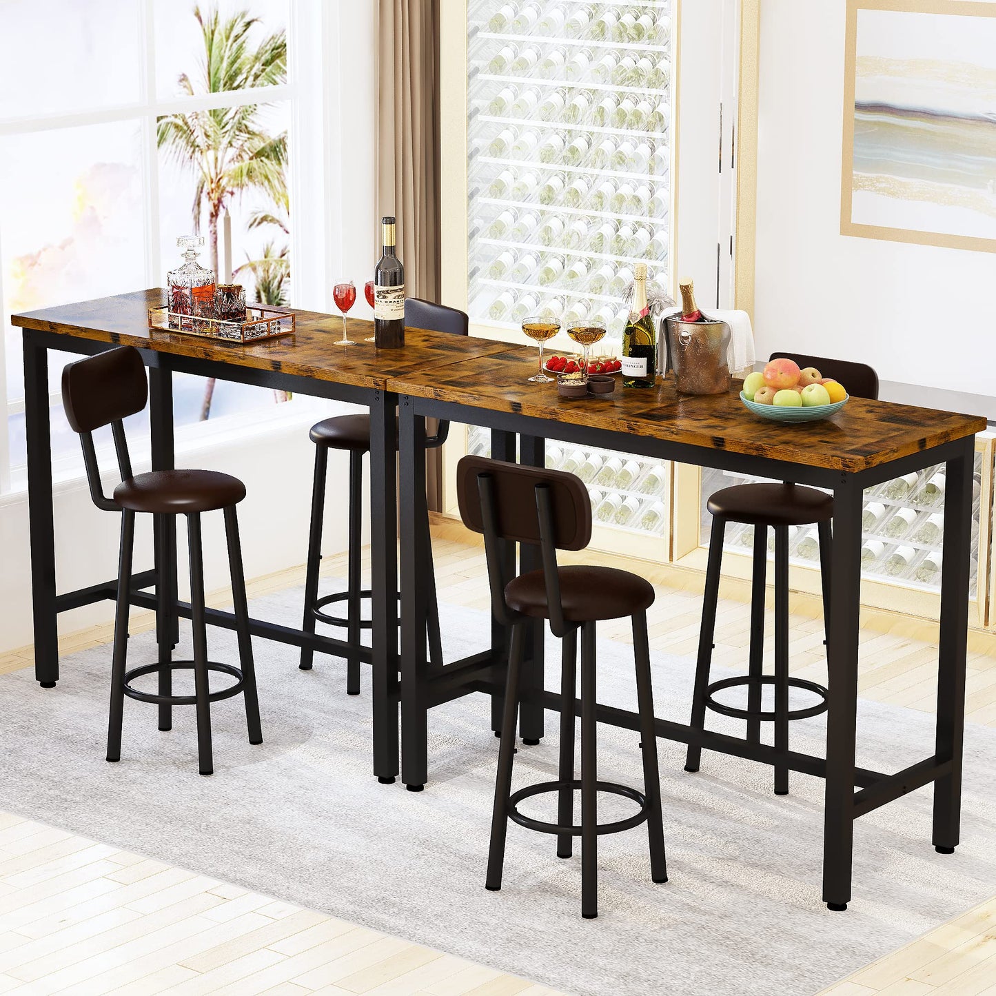 DKLGG Industrial style bar height table set of 3 pieces - brown and black with 2 PU leather chairs