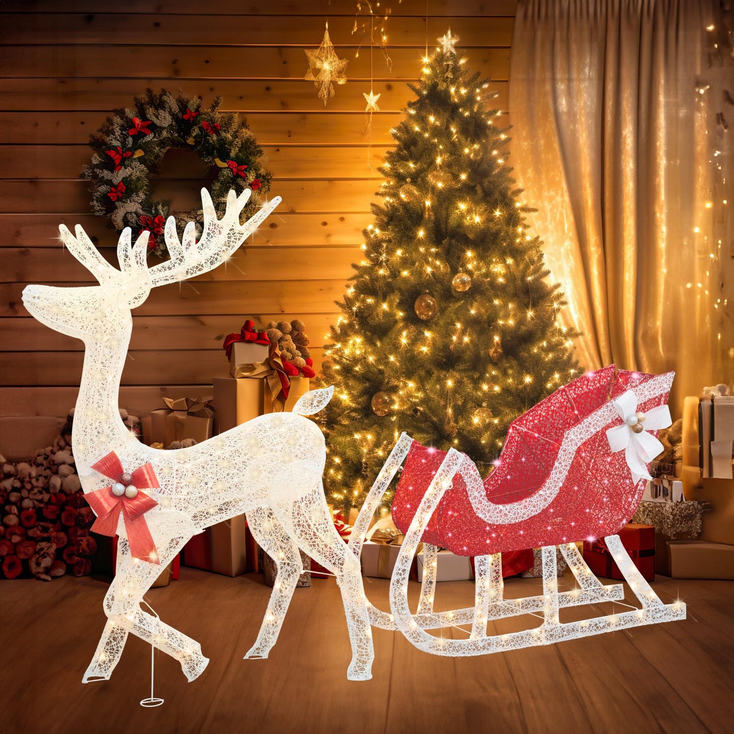 DKLGG 4FT LED Reindeer Sleigh - Lighted Outdoor Christmas Decoration, 215 Lights