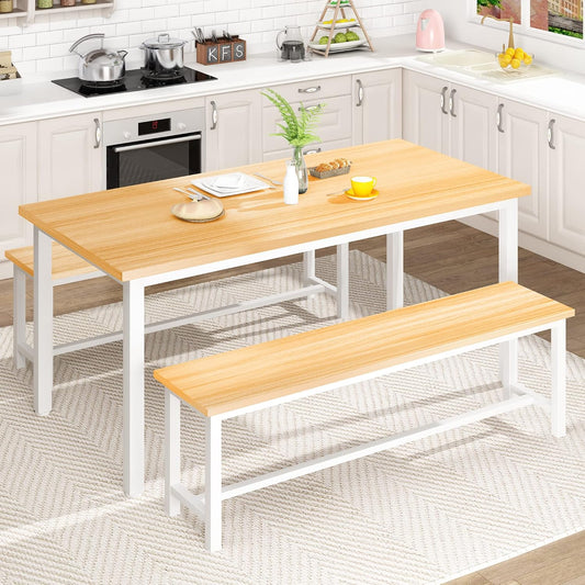 DKLGG 4-Person Kitchen Table Set with 2 Benches, Beige - Practical and Stylish